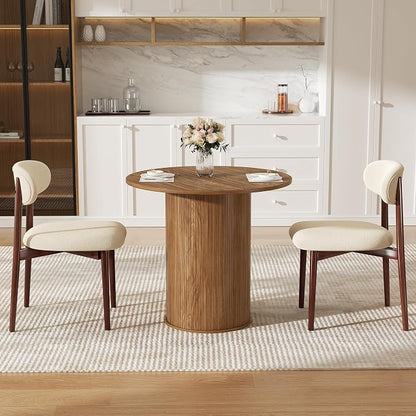 31.5 inch Round Dining Table for 2, Small Dinner Table with 2-Layer Storage Shelf, Morden Circle Kitchen Table with Strip Base and Wood Slide Door for Home Dining Room, Living Room, Chestnut