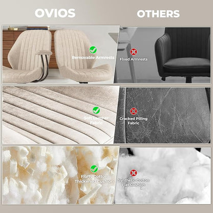 ovios Home Office Chair, Mid-Century Modern Faux Suede Leather Ergonomic Chairs, Mid Back Comfy Computer Swivel Rolling Task Executive Armchair, Beige