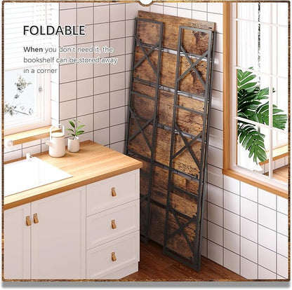 4NM Extra Wide 6 Tiers No Assembly Book Shelves, 61.8" H Folding Bookshelf Bookcase Open Industrial Foldable Shelves for Bedroom, Living Room, Home Office - Rustic Brown Black