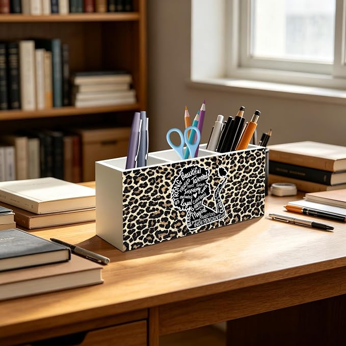 Inspirational Black Girl Woman Leopard Print Makeup Brush Toothbrush Holder for African American Women, Black Girl Magic Cheetah Print Wood Signs Pen Pencil Holder Organizer Desk Accessories