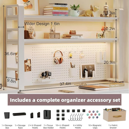 Desktop Hutch Bookshelf, 2-Tier Metal Desk Shelf for Top of Desk | Heavy Duty Countertop Organizer Rack with Peg Board & Accessories Space-Saving Storage for Dorm, Office & Home