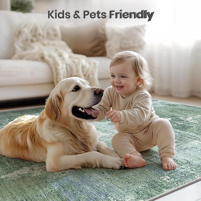 Valenrug Washable Rugs 6x9 - Ultra Thin Stain Resistant 6x9 Rugs for Living Room, Non Slip Backing 0.25" Low Pile Abstract Rugs for Bedroom, Folable Machine Washable Area Rug(6'x9', Sage Green)