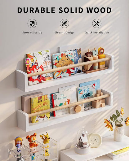 Seocry Nursery Book Shelves, 4 Pack, Wall Book Shelves for Kids Room, Baby, Toddler, Nursery Decor (White Wood, 23.1 Inches)