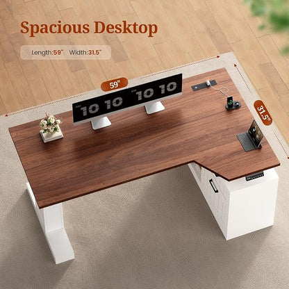 UPOSOJA 59" Farmhouse L Shaped Standing Desk with File Drawers, Electric Executive Desk Adjustable Height with Power Outlets, Storage Shelves, Sit Stand Corner Computer Desk for Home Office, White