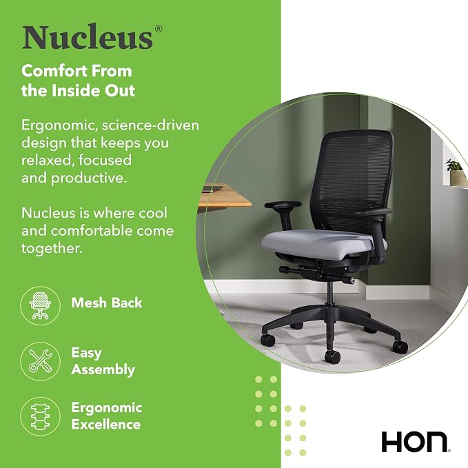 HON Nucleus Office Chair Ergonomic Desk Chair Suspended Seat Mesh Back for Home Office, Task Work - Synchro-Tilt Recline, Swivel Wheels, Adjustable Lumbar Support & Armrests, White Frame, Fawn