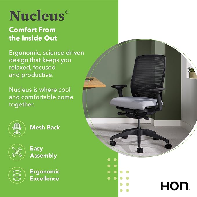 HON Nucleus Office Chair Ergonomic Desk Chair Suspended Seat Mesh Back for Home Office, Task Work - Synchro-Tilt Recline, Swivel Wheels, Adjustable Lumbar Support & Armrests, Black Frame, Gray