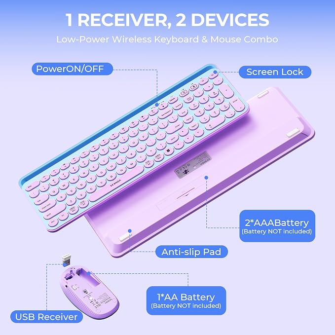 seenda Bluetooth Keyboard and Mouse for iPad, CTU-301 Wireless Multi-Device Connection Bluetooth+2.4G Keyboard Mouse Combo with Tablet Holder for iPad/Macbook/Windows, iOS/Android/Phone, Blue & Purple