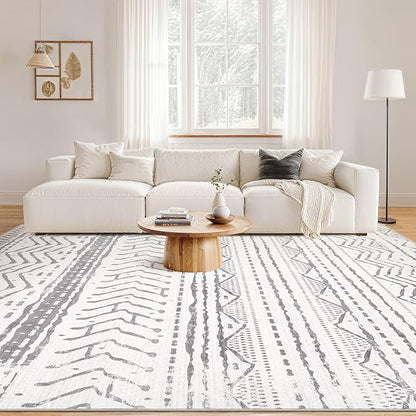 Nakagishi 5x7 Area Rug Living Room: Machine Washable Boho Large Neutral Farmhouse Stain Resistant Indoor Floor Rugs Moroccan Carpet for Bedroom Nursery Dorm Classroom Playroom Dining Room- Grey White