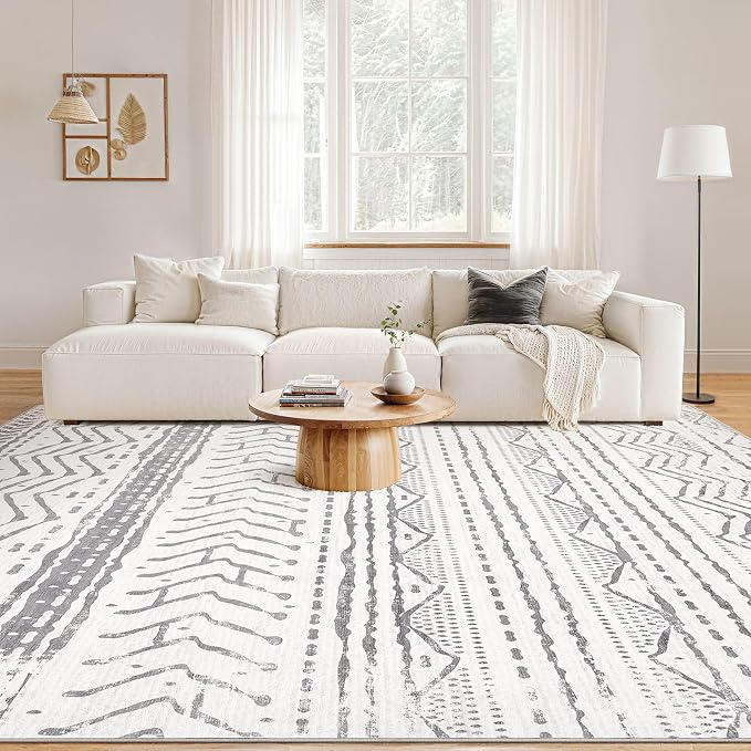 Nakagishi Area Rugs 8x10 Living Room: Washable Boho Large Neutral Soft Farmhouse Rug Stain Resistant Modern Geometric Non Slip Indoor Floor Carpet for Bedroom Nursery Kids Playroom Office- Gray White