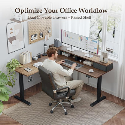 Klicelor L Shaped Electric Standing Desk 63 x 55.1 inch with Shelf, Height Adjustable Corner Desk, Sit Stand Desk with Storage Shelf, Home Office Computer Table, Dark Walnut