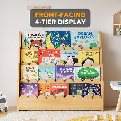 SpaceAid 4-Tier Scalloped Bookshelf, Montessori Bookcase for Toddlers, Wooden Book Shelf Organizer Display Furniture for Kids Rooms, Playroom, Nursery and Classroom, 29.6“ Wide, Natural
