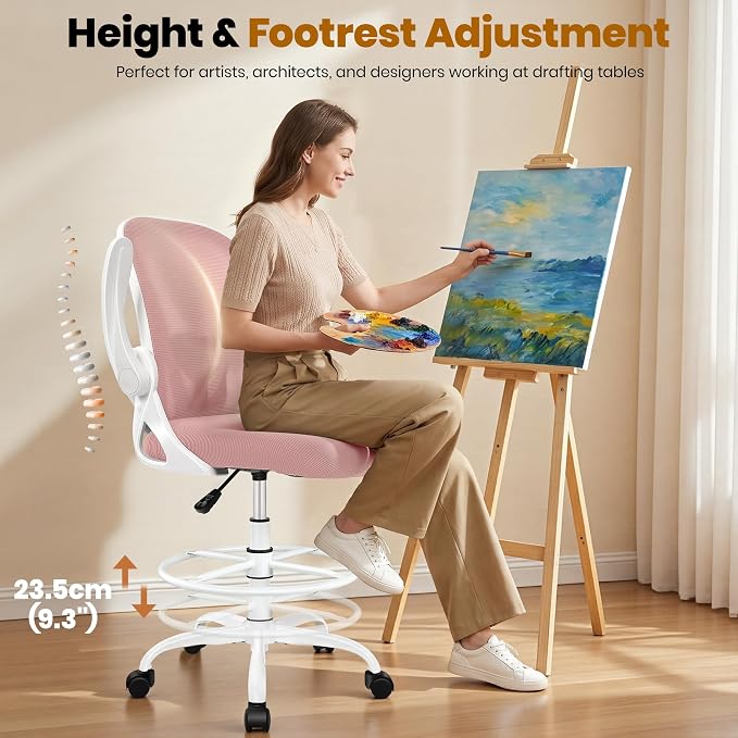 Primy Drafting Chair Tall Office Chair with Flip-up Armrests Executive Ergonomic Computer Standing Desk Chair with Lumbar Support and Adjustable Footrest Ring (Rose Quartz)