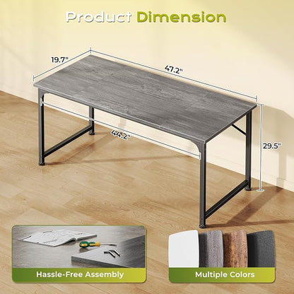 PRAISUN 47 Inch Computer Desk, Home Office Desk with Spacious Desktop, Modern Gaming Desk, Writing Study Table for Bedroom, Small Spaces, Work from Home Desk with Metal Frame, Grey