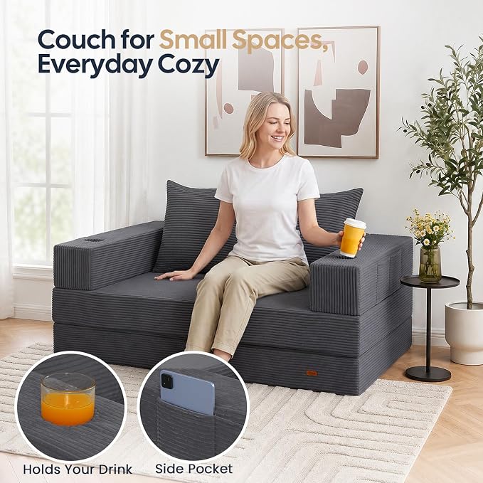 COMAX Futon Sofa Bed, 4‑in‑1 Convertible Sofa Bed, Folding Boneless Couches | Boneless Couch for living room, Fold Out Small Foldable Loveseat Floor Sleeper Mattress Lounge Space‑Saving, Grey