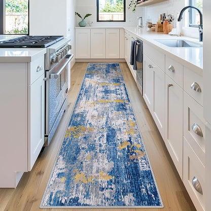 RELEANY Washable Area Rugs 2'x10' Non-Slip Modern Abstract Soft for Living Room Entryway Bedroom Kitchen, Print Pattern, Grey Blue Gold/Golden