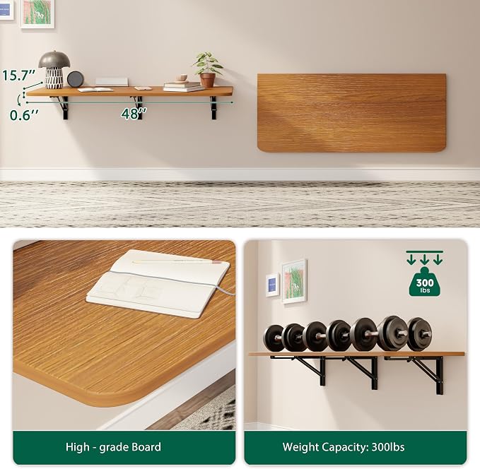 Dogsky Wall Mounted Folding Table, Floating Desk 48x15.7Inch, Fold Down Shelf Wall Mounted with Heavy Iron Brackets, Foldable Table for Launrdy Room, Office Study Work Bench, Kitchen Dining, Burlywood