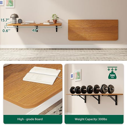 Dogsky Wall Mounted Folding Table, Floating Desk 48x15.7Inch, Fold Down Shelf Wall Mounted with Heavy Iron Brackets, Foldable Table for Launrdy Room, Office Study Work Bench, Kitchen Dining, Burlywood