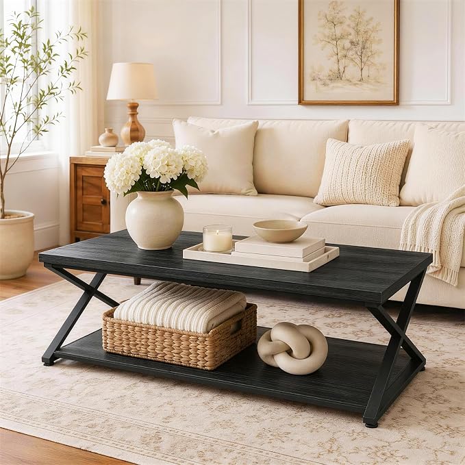Coffee Table for Living Room, 2 Tier Rectangular Tea Table, Industrial Center Table forBedroom Home Office, Black,47 Inch