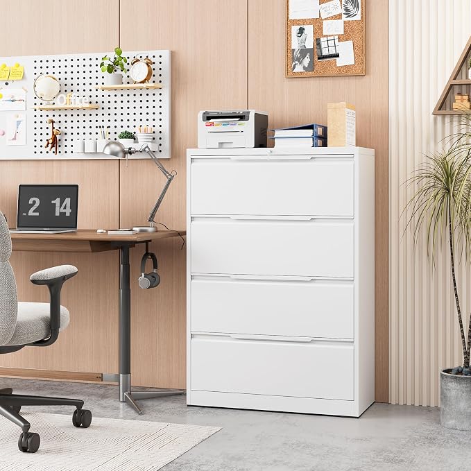4-Drawer Metal File Cabinet with Lock,Steel Printer Stand with Storage for Home Office,Lateral Filing Cabinet for Legal/Letter/A4 Files,Assembly Required(35.43''W-4 Drawers,White)