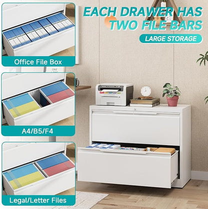 2 Drawer Lateral Metal File Cabinet, Home Office Storage Filing Cabinet with Hanging Bars & Keys, Compatible with Legal Letter A4 F4 Size Hanging Folders,White,Require Assembly