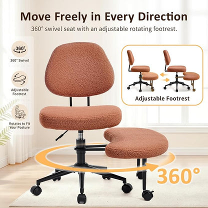Criss Cross Chair Armless Office Chair for Cross Legged Sitting, 300lb Heavy Duty Ergonomic Desk Chair for ADHD, Adjustable Meditation Yoga Kneeling Chair with Brake Wheels for Home Office (Brown)