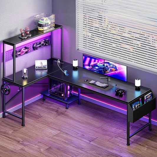 PRAISUN L Shaped Gaming Desk with LED Lights & Power Outlets, Reversible Computer Desk with Storage Shelves & Bag, Large Corner Home Office Desk with Pegboard for Work from Home, Black