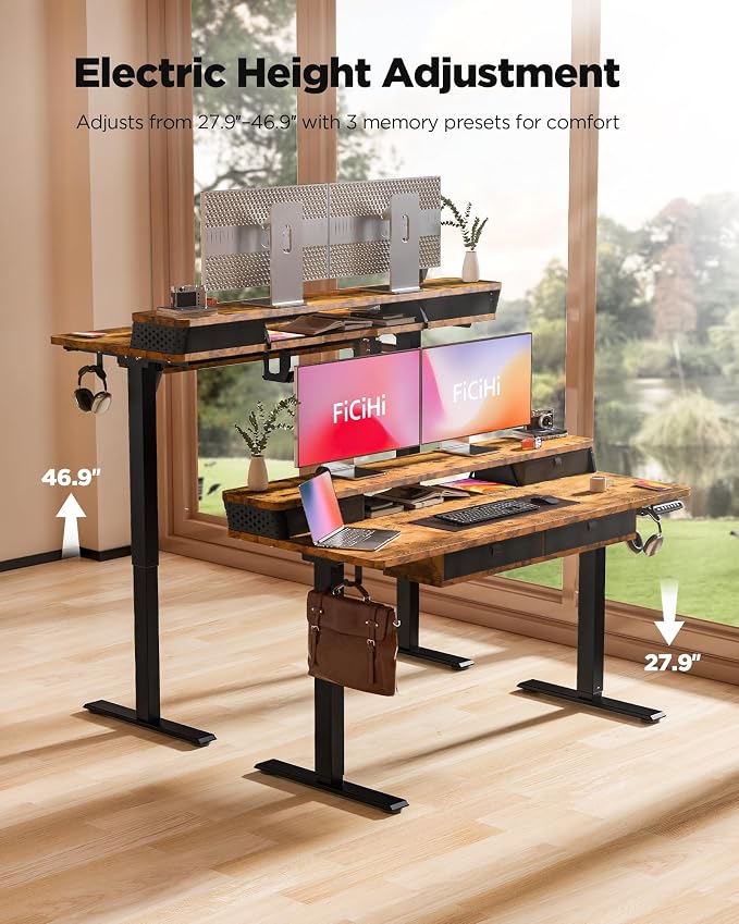 FiCiHi Electric Standing Desk with Four Drawers, 48 x 24 Inch Adjustable Height Sit Stand Desk, C-Clamp Compatible Home Office Desk with Storage Shelf & Monitor Stand Riser, Rustic Brown
