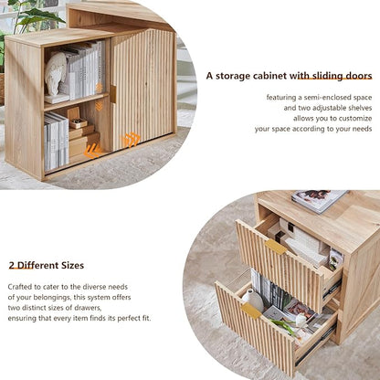 JXQTLINGMU 67" Modern L Shaped Desk with Storage Cabinet & Drawers, Wood Home Office Desk with Power Outlets, Fluted Computer Writing Desk, Oak