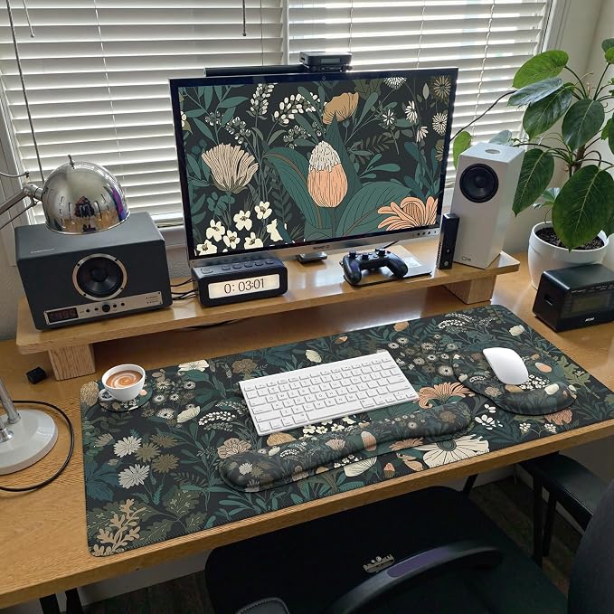 iCasso Desk Cover Mat, 4in1 Floral Large Mouse Pad with Wrist Rest, Desk Matt for Desktop, Anti-Slip XXL Big Computer Ergonomic Mousepad with Wrist Support for Keyboard and Mouse (Weeds)