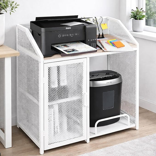 Printer Stand with Shelving for Storage, USB-C, USB-A, & AC Plugs – Space-Saving Open Storage Compartment with Removeable Tray for Paper Shredder/Mini Fridge/Stool for Home or Office