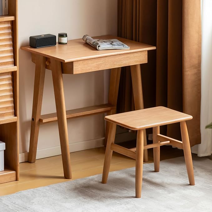100% Solid Rubber Wood Desk Home Office Desk Mid Century Modern Writing Computer Desk with Drawer for Home Office 27.55" W Natural Wood