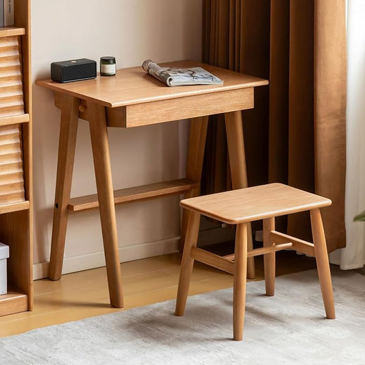 100% Solid Rubber Wood Desk Home Office Desk Mid Century Modern Writing Computer Desk with Drawer for Home Office 27.55" W Natural Wood