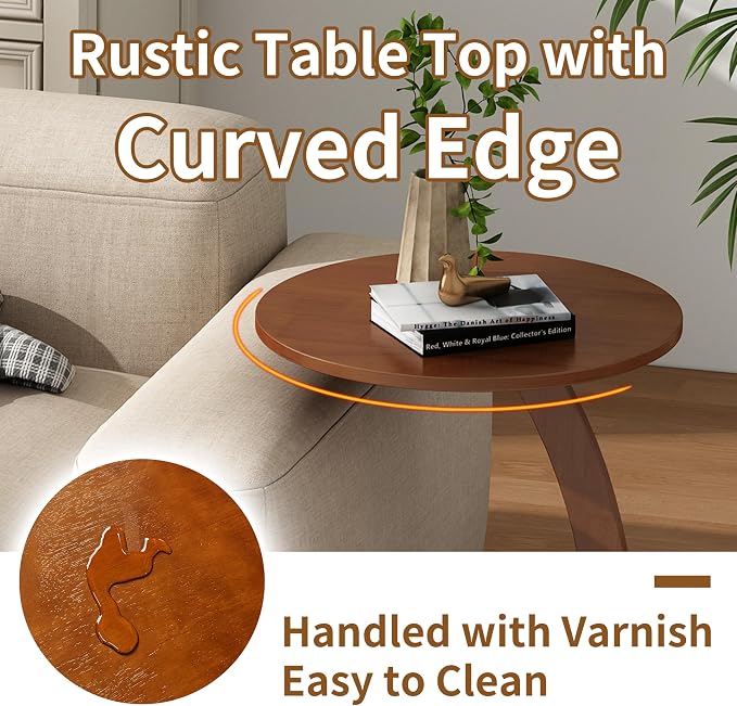 C Shaped End Table, Small Round Side Table for Couch, Slide Under Sofa Tray Desk for Living Room Bedroom, Solid Wood TV Tray Table for Narrow Space (17” Chestnut)