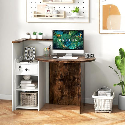 Giantex Reception Desk, Front Counter Desk with Lockable Drawer, Checkout Table with Round Tabletop, Corner Shelf & Adjustable Shelf for Office Beauty Salon Retail Store (White & Brown)