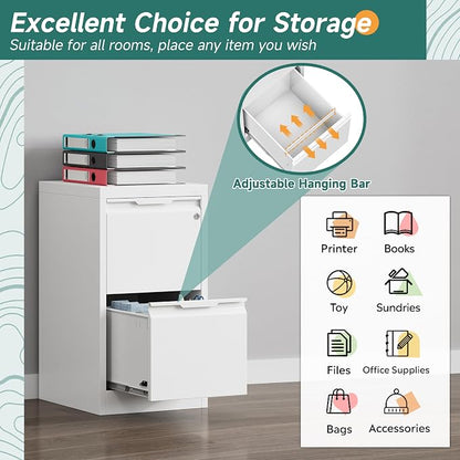2 Drawer File Cabinet with Lock, Small Filing Cabinets for Home Office,17.8" D Metal File Cabinet for Under Desk, Vertical White File Cabinets for Legal/Letter Size File, Easy Assembly