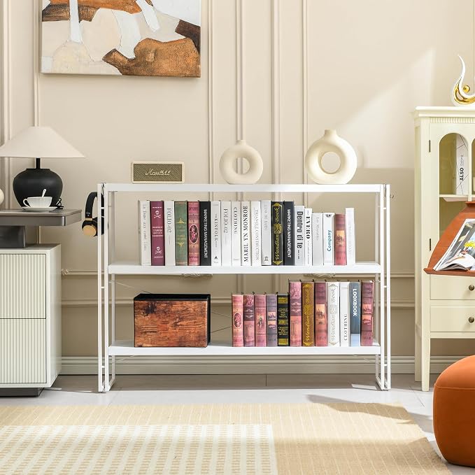 HCHQHS Bookshelf, 3-Tier Industrial Bookcase, White Open Book Shelf, Freestanding Horizontal Bookshelves with Metal Frame