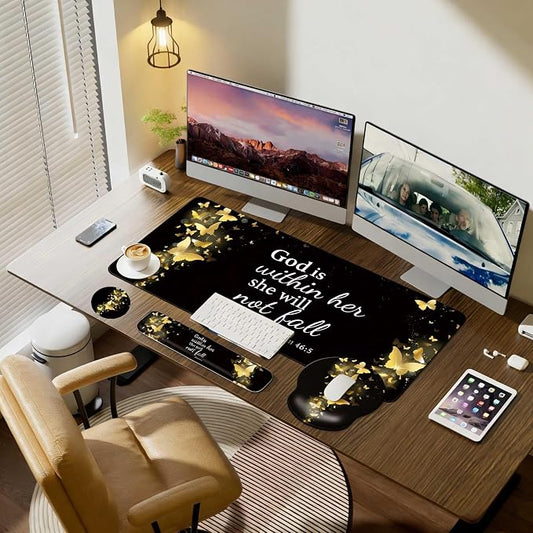 Desk Mat Set + Keyboard and Mouse Pad with Wrist Rest Support,4-in-1 Large Mousepad Computer Mats for Desktop Home & Office-Golden Butterflies