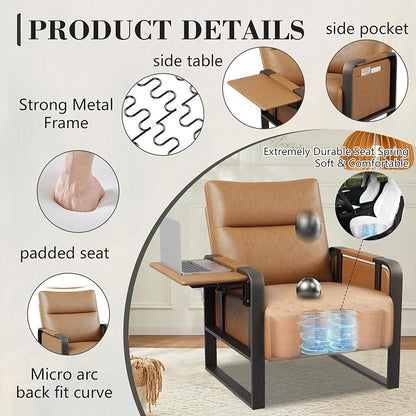Upholstered Living Room Chair Armchair Set of 2, Mid Century Faux Leather Metal Accent Chair, Reception Couch Office Guest Chair Slipper Club Lounge Single Sofa with Sidetable for Bedroom-Light Brown