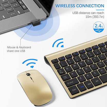 Wireless Keyboard and Mouse Ultra Slim Combo, TopMate 2.4G Silent Compact USB 2400DPI Mouse and Scissor Switch Keyboard Set with Cover, Batteries Included, for PC/Laptop/Windows/Mac - Gold Black