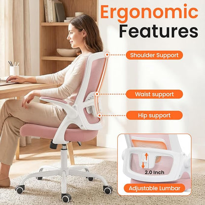 NEO CHAIR Office Chair High Back Desk Mesh Chair Comfy Computer Gaming Seat with Adjustable Ergonomic Lumbar Rolling Flip-up Armrests and Wheels (Pink)
