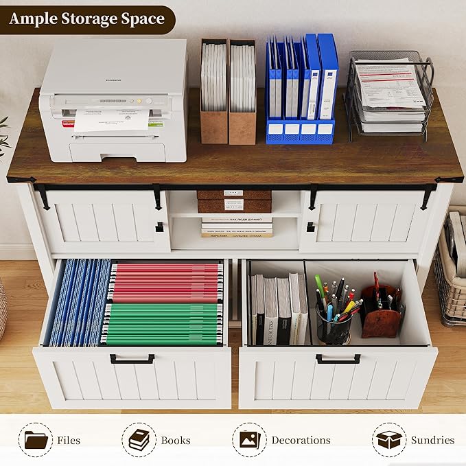 2 Drawer Lateral File Cabinet with Outlets & Charging Station for Files Letter/FC/A4, Farmhouse Filing Cabinets for Home Office Storage, Wooden Print Stand, 46.4" Wide, Antique White