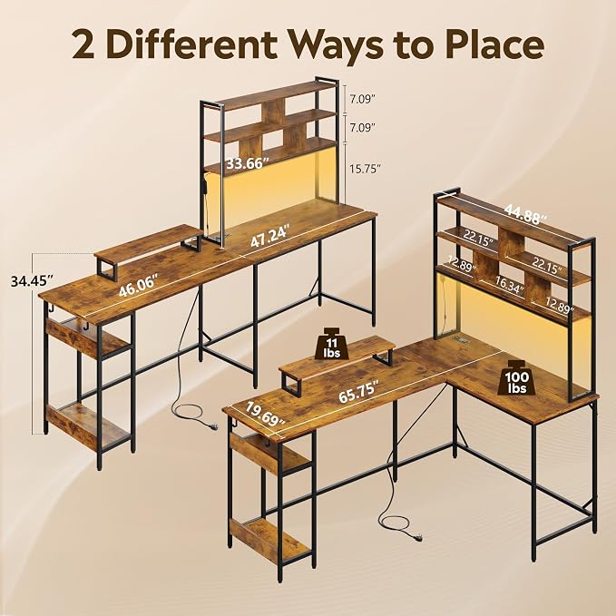 DEVAISE 66 Inch L Shaped Gaming Desk with Drawers and Storage, Corner Desk with LED Lights, Power Outlets, Computer Desk with Monitor Stand, Office Desk for Home, with Hutch, Rustic Brown