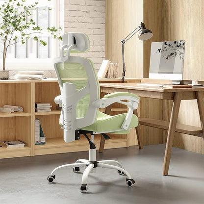 Home Office Desk Chair, Comfortable Mesh Computer Chair with Foot Rest, Reclining Gaming Chair with Headrest and Lumbar Support, 90°-130° Reclining, Green
