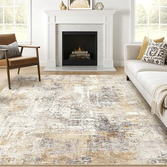 Square Rug 8x8 Living Room: Large Washable Abstract Modern Soft Area Rug Stain Resistant Indoor Floor Non-Slip Accent Carpet for Bedroom Nursery Playroom Dining Room Office Dorm Home Decor- Gray Gold