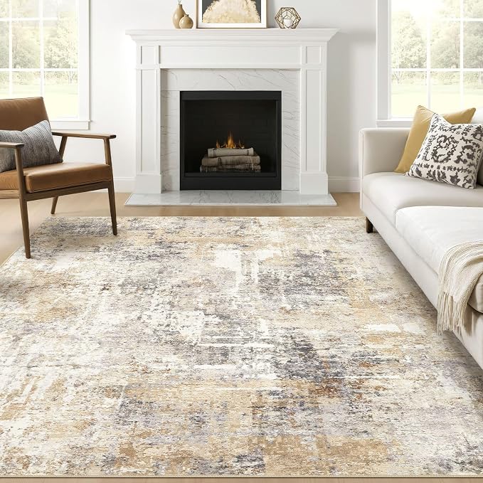 Square Rug 7x7 Living Room: Large Washable Abstract Modern Soft Area Rug Stain Resistant Indoor Floor Non-Slip Accent Carpet for Bedroom Nursery Playroom Dining Room Office Dorm Home Decor- Gray Gold
