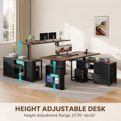 63 Inch L Shaped Desk with 3 Drawers Electric Standing Desks with Storage Computer Table Adjustable Height with Power Outlets 4 Memory Presets for Home Office, Rustic Brown
