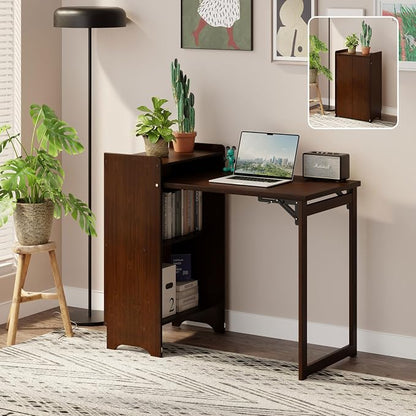 HDDFER Bamboo Folding Desk for Small Spaces,Hidden Desk with Storage Shelf, Foldable Computer Desk for Bedroom Home Office, Mid Century Modern Fold Out Table Writing Table, Walnut