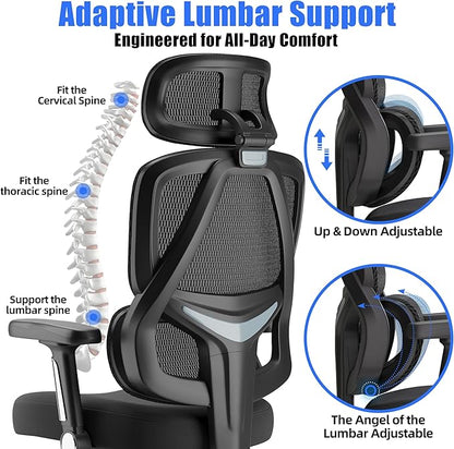 Ergonomic Office Chair, Mesh Back Desk Chair with Cushioned Seat, 3D Adjustable Headrest, 5D Armrests, 2-Level Lumbar Support, 135° Reclining High Back Computer Chair for Home Office