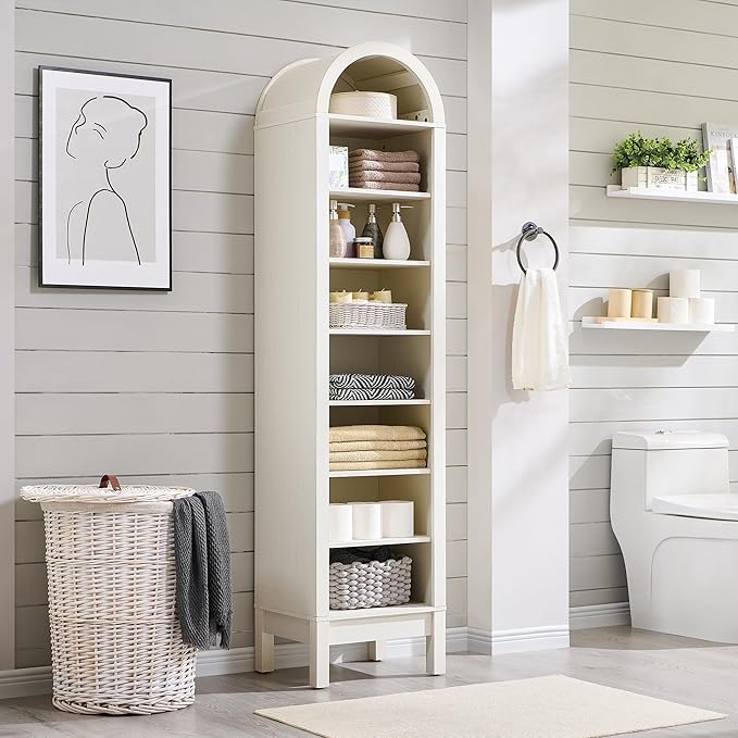 IFGET 71" Tall Arched Bookshelf, 8 Tiers Arch Bookcase with Storage, Modern Farmhouse Book Shelf with Adjustable Shelves, Wood Bookshelf w/Open Display Shelves for Living Room, Office (Antique White)