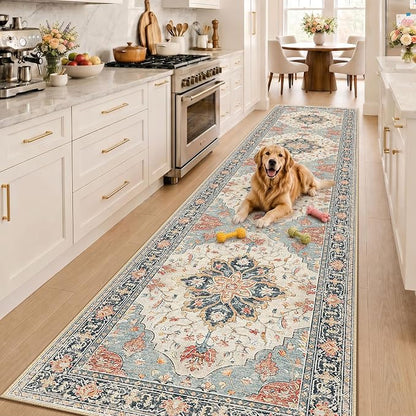 RELEANY Area Rugs Runner 3'x12' Washable Non-Slip, Floral Vintage Distress Medallion Carpet for Kitchen Hallway Bedroom Beside Laundry Room Bathroom, Beige Navy Blue Orange Colorful
